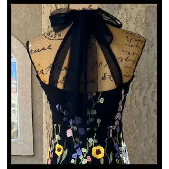 thriving poise black 3d floral embroidered tie-strap maxi dress Floral Tie Black Floral Strappy Dress Thriving Poise Black 3D Floral Embroidered Tie-Strap Maxi Dress